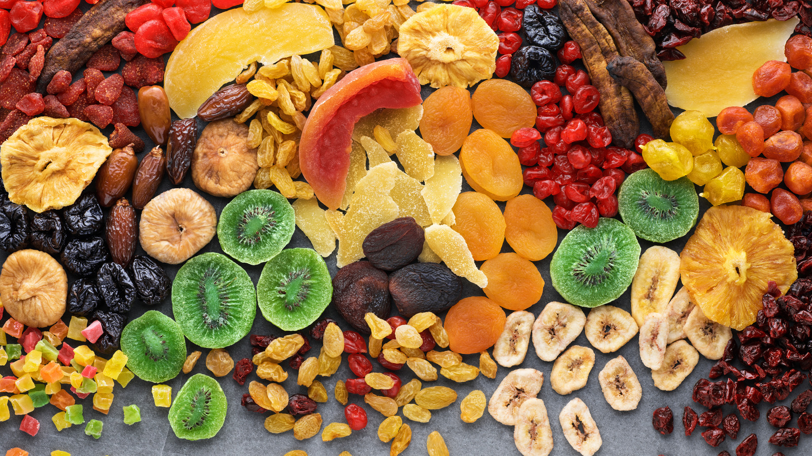 Dried,Fruits,And,Berries,On,Gray,Background,Top,View.,Lemons,